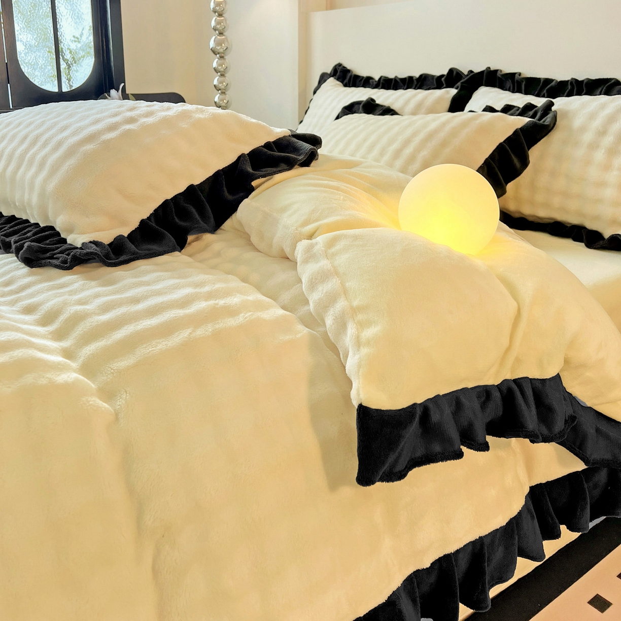 91家纺网 家纺一手货源 找家纺 梦之岛 2025新款韩版兔毛绒小泡泡牛奶绒四件套 泡芙公主-奶黄