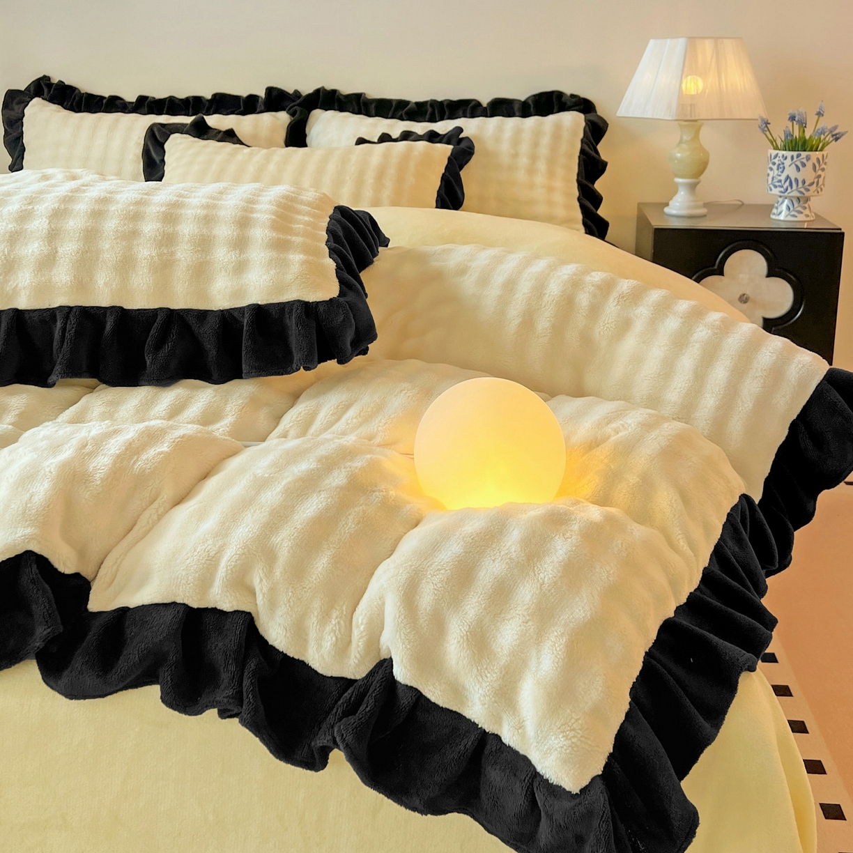 91家纺网 家纺一手货源 找家纺 梦之岛 2025新款韩版兔毛绒小泡泡牛奶绒四件套 泡芙公主-奶黄