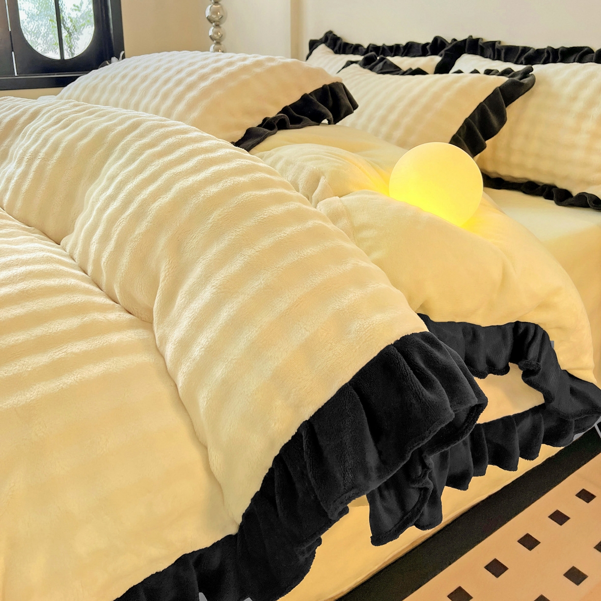 91家纺网 家纺一手货源 找家纺 梦之岛 2025新款韩版兔毛绒小泡泡牛奶绒四件套 泡芙公主-奶黄