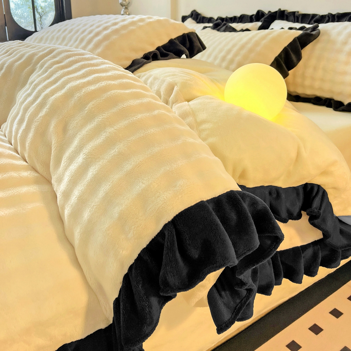 91家纺网 家纺一手货源 找家纺 梦之岛 2025新款韩版兔毛绒小泡泡牛奶绒四件套 泡芙公主-奶黄