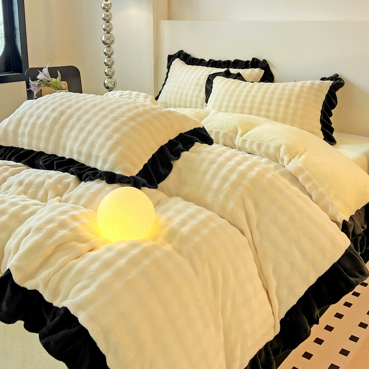 91家纺网 家纺一手货源 找家纺 梦之岛 2025新款韩版兔毛绒小泡泡牛奶绒四件套 泡芙公主-奶黄