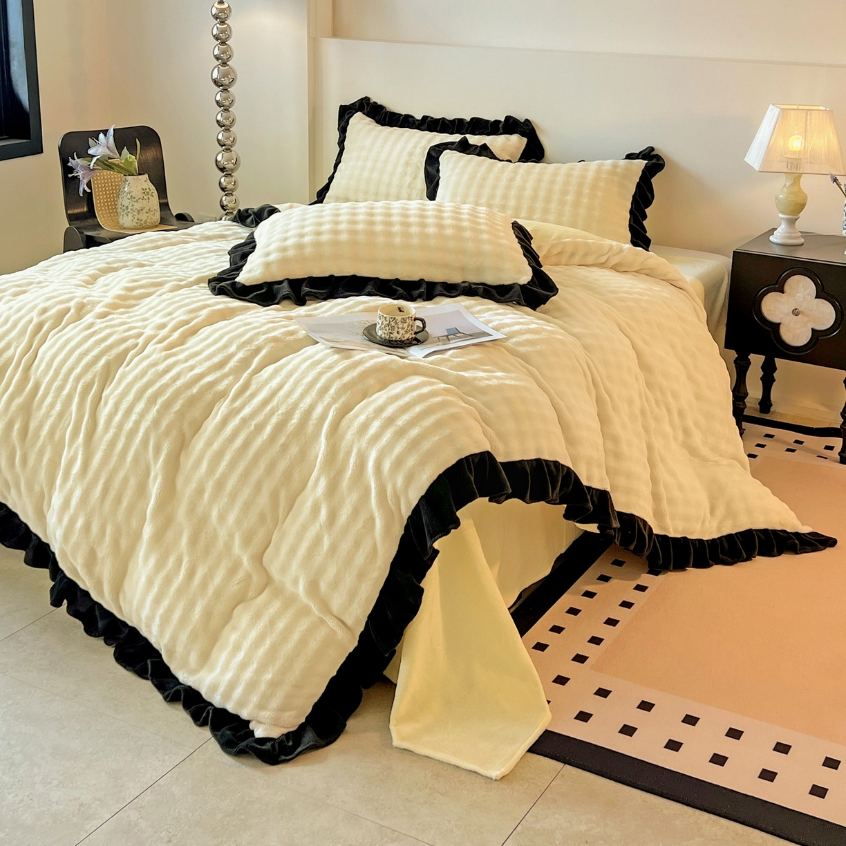 91家纺网 家纺一手货源 找家纺 梦之岛 2025新款韩版兔毛绒小泡泡牛奶绒四件套 泡芙公主-奶黄