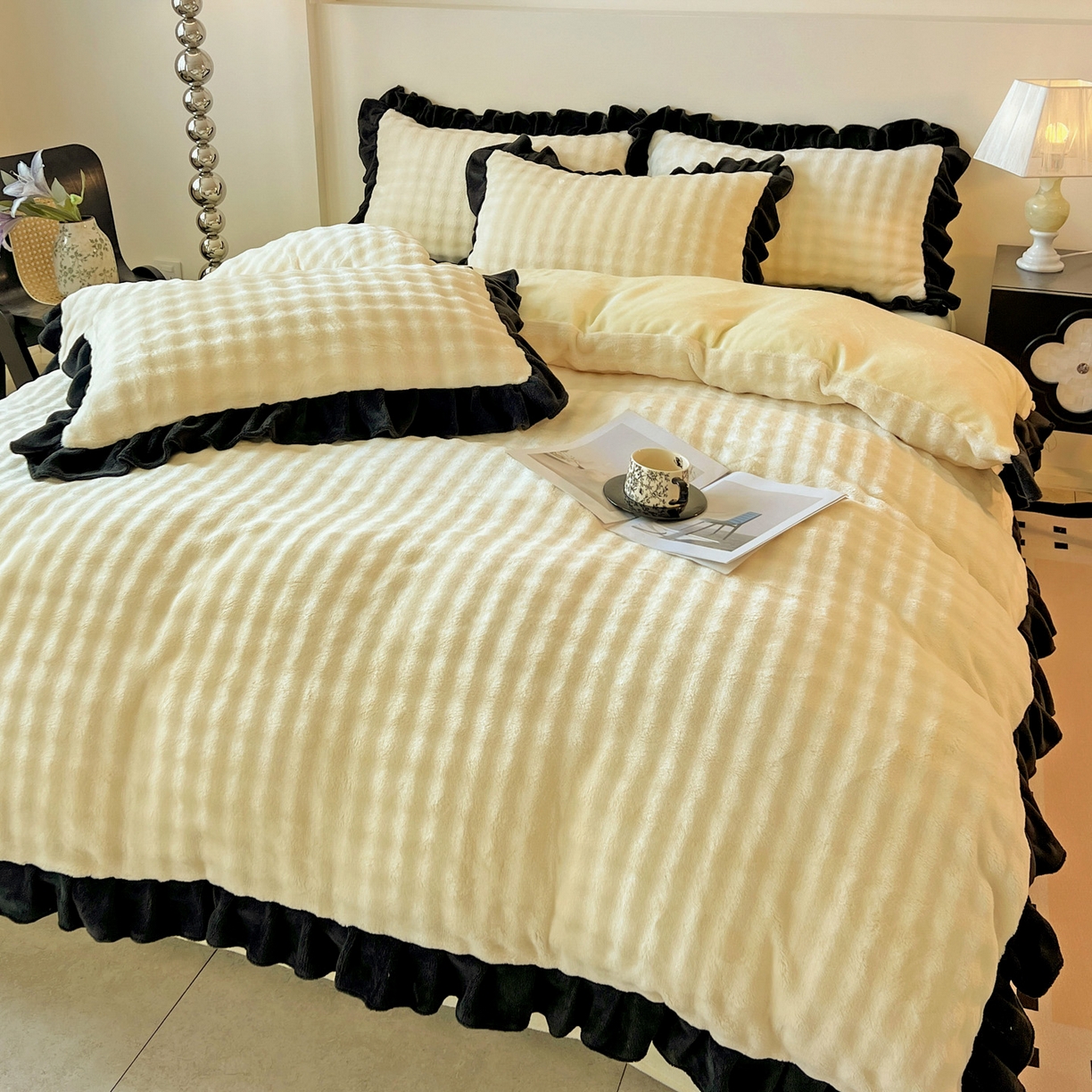 91家纺网 家纺一手货源 找家纺 梦之岛 2025新款韩版兔毛绒小泡泡牛奶绒四件套 泡芙公主-奶黄