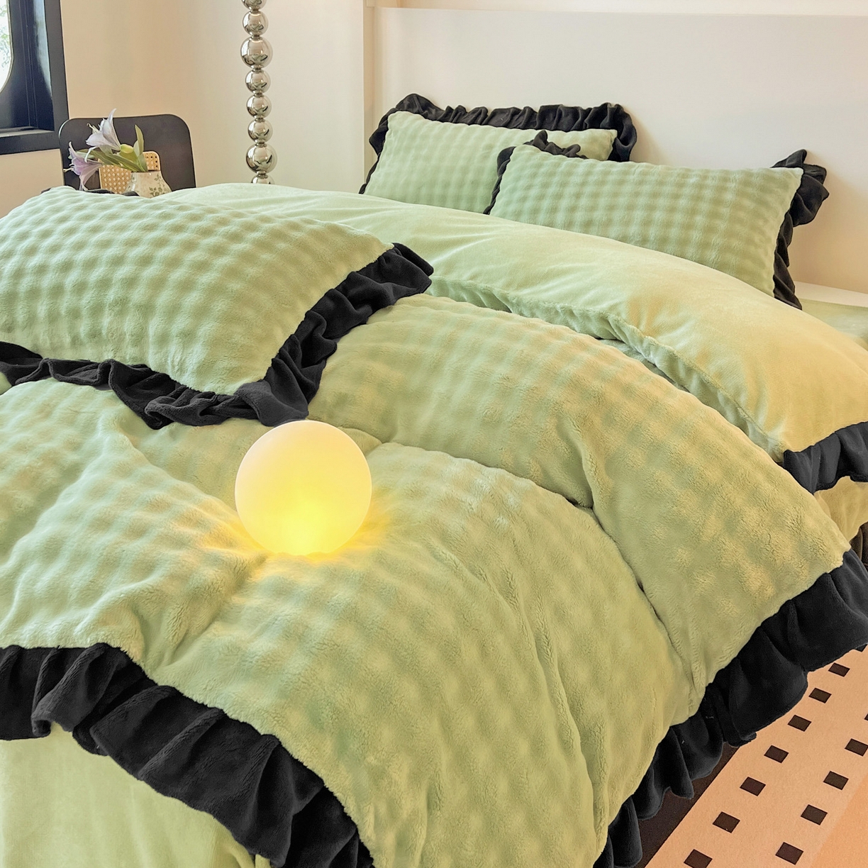 91家纺网 家纺一手货源 找家纺 梦之岛 2025新款韩版兔毛绒小泡泡牛奶绒四件套 泡芙公主-绿