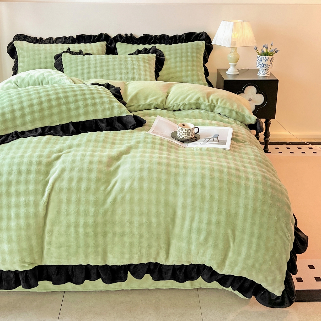 91家纺网 家纺一手货源 找家纺 梦之岛 2025新款韩版兔毛绒小泡泡牛奶绒四件套 泡芙公主-绿