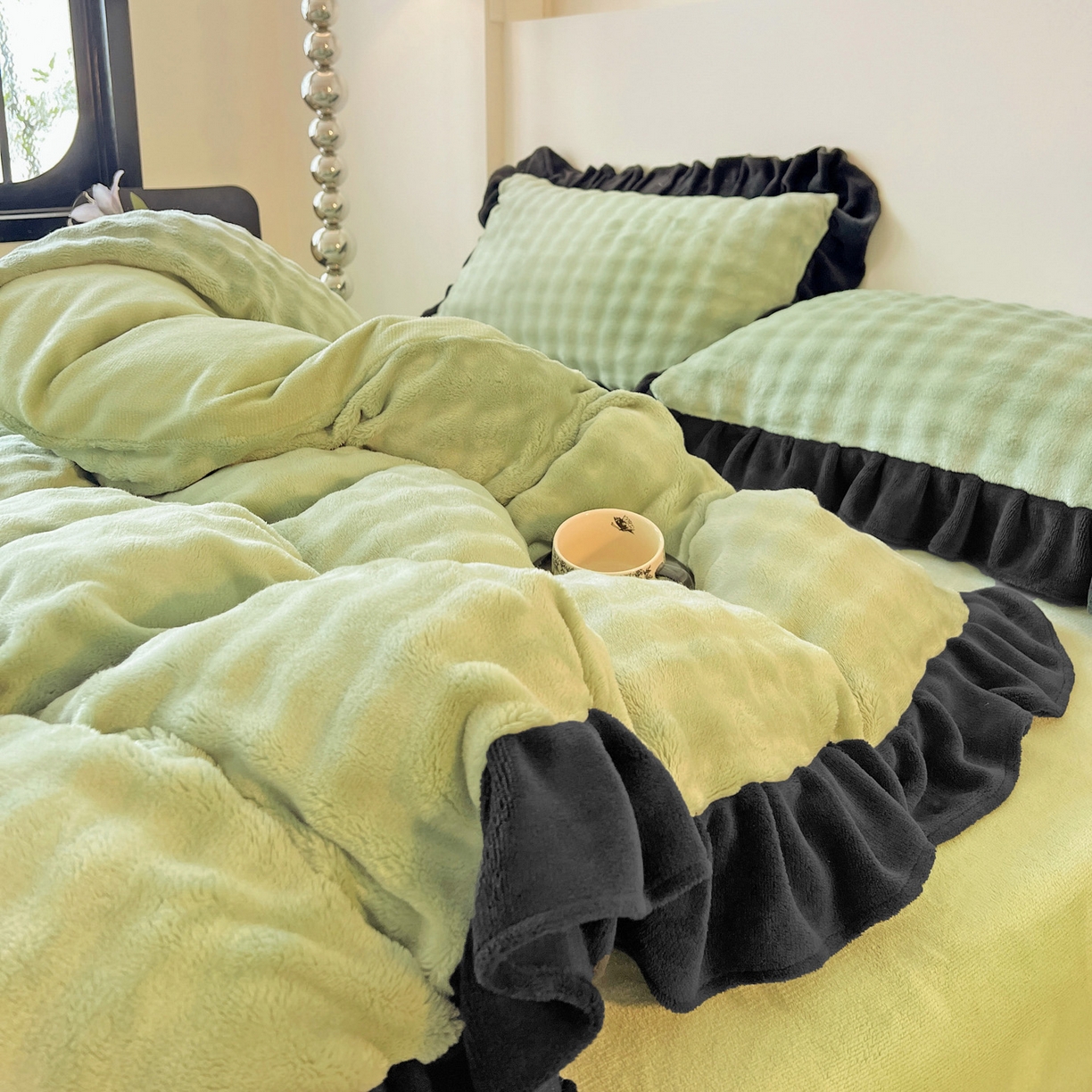 91家纺网 家纺一手货源 找家纺 梦之岛 2025新款韩版兔毛绒小泡泡牛奶绒四件套 泡芙公主-绿