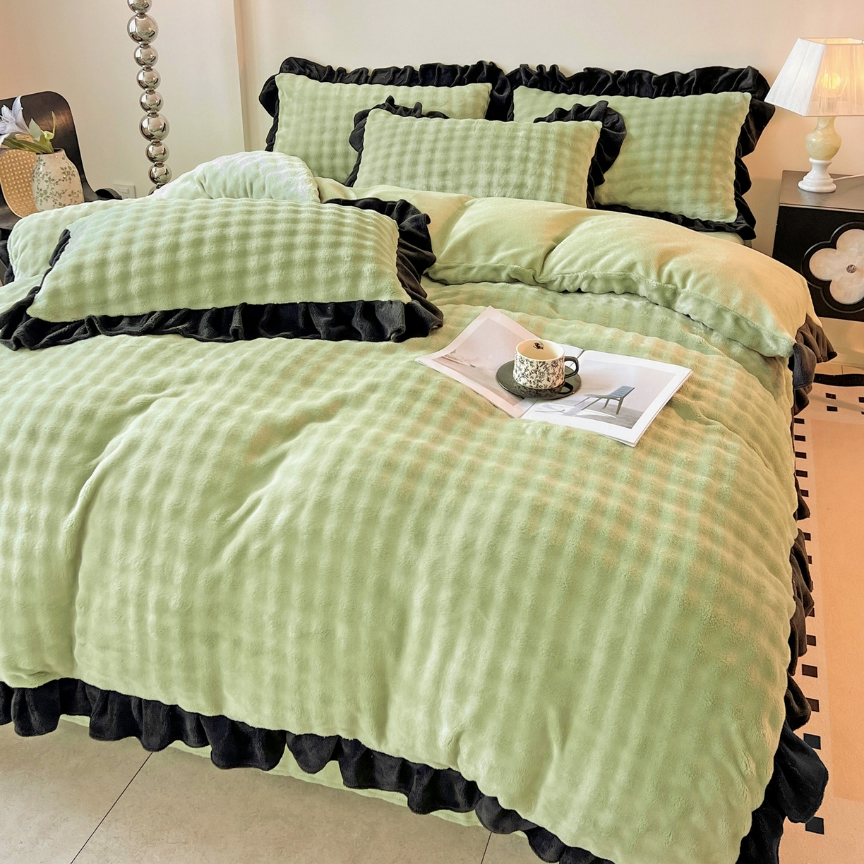 91家纺网 家纺一手货源 找家纺 梦之岛 2025新款韩版兔毛绒小泡泡牛奶绒四件套 泡芙公主-绿