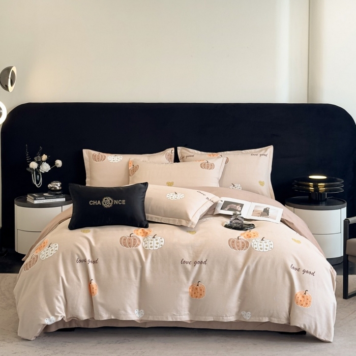 雲归梦 2025新款全棉火山磨毛精梳棉生态磨毛纯棉四件套 南瓜甜心咖