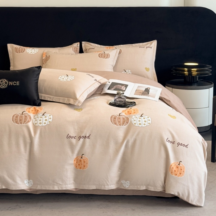 91家纺网 家纺一手货源 找家纺 雲归梦 2025新款全棉火山磨毛精梳棉生态磨毛纯棉四件套 南瓜甜心咖