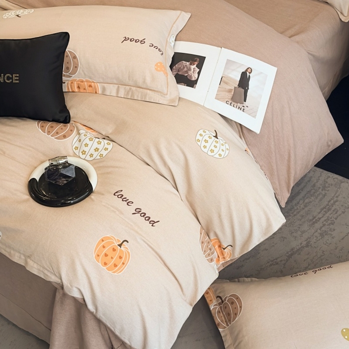 91家纺网 家纺一手货源 找家纺 雲归梦 2025新款全棉火山磨毛精梳棉生态磨毛纯棉四件套 南瓜甜心咖