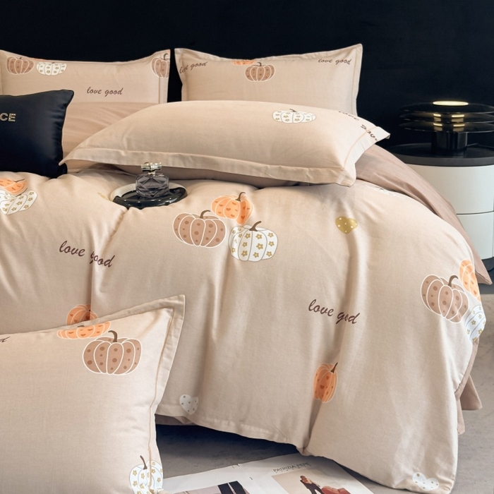 91家纺网 家纺一手货源 找家纺 雲归梦 2025新款全棉火山磨毛精梳棉生态磨毛纯棉四件套 南瓜甜心咖