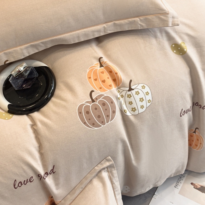 91家纺网 家纺一手货源 找家纺 雲归梦 2025新款全棉火山磨毛精梳棉生态磨毛纯棉四件套 南瓜甜心咖