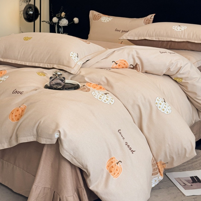 91家纺网 家纺一手货源 找家纺 雲归梦 2025新款全棉火山磨毛精梳棉生态磨毛纯棉四件套 南瓜甜心咖