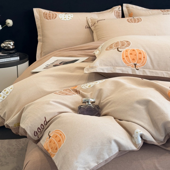 91家纺网 家纺一手货源 找家纺 雲归梦 2025新款全棉火山磨毛精梳棉生态磨毛纯棉四件套 南瓜甜心咖