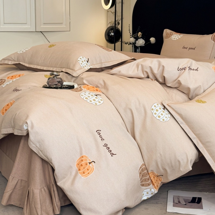 91家纺网 家纺一手货源 找家纺 雲归梦 2025新款全棉火山磨毛精梳棉生态磨毛纯棉四件套 南瓜甜心咖