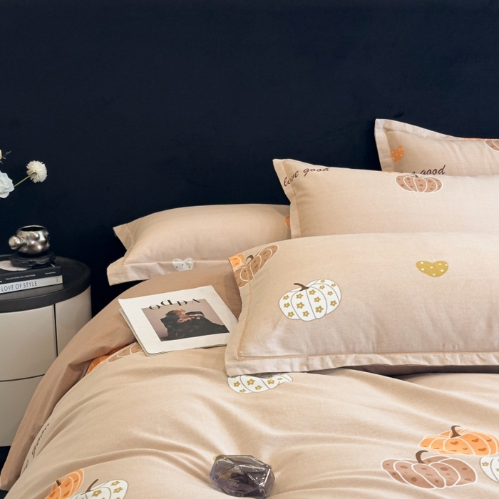 91家纺网 家纺一手货源 找家纺 雲归梦 2025新款全棉火山磨毛精梳棉生态磨毛纯棉四件套 南瓜甜心咖