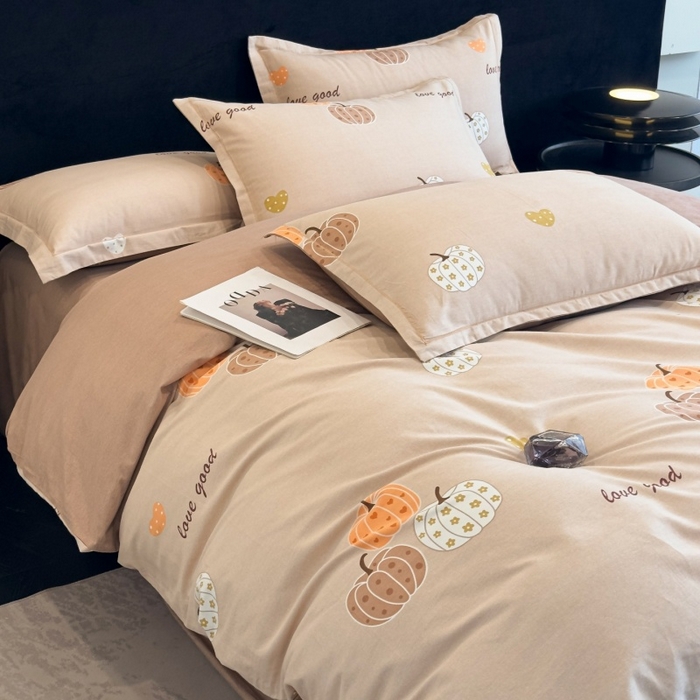 91家纺网 家纺一手货源 找家纺 雲归梦 2025新款全棉火山磨毛精梳棉生态磨毛纯棉四件套 南瓜甜心咖