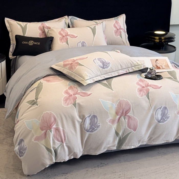 91家纺网 家纺一手货源 找家纺 雲归梦 2025新款全棉火山磨毛精梳棉生态磨毛纯棉四件套 轻盈花语豆沙