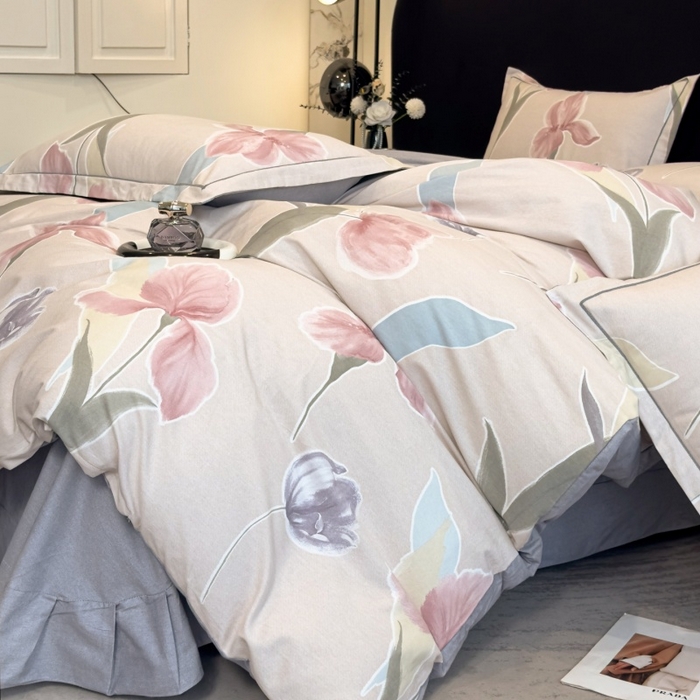 91家纺网 家纺一手货源 找家纺 雲归梦 2025新款全棉火山磨毛精梳棉生态磨毛纯棉四件套 轻盈花语豆沙