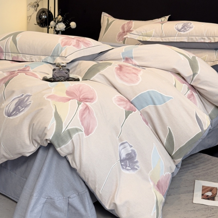 91家纺网 家纺一手货源 找家纺 雲归梦 2025新款全棉火山磨毛精梳棉生态磨毛纯棉四件套 轻盈花语豆沙