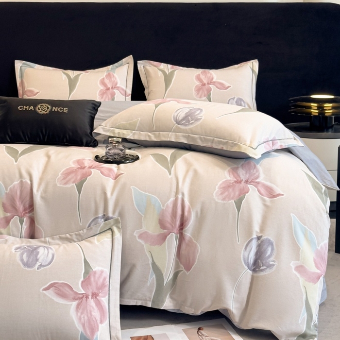 91家纺网 家纺一手货源 找家纺 雲归梦 2025新款全棉火山磨毛精梳棉生态磨毛纯棉四件套 轻盈花语豆沙