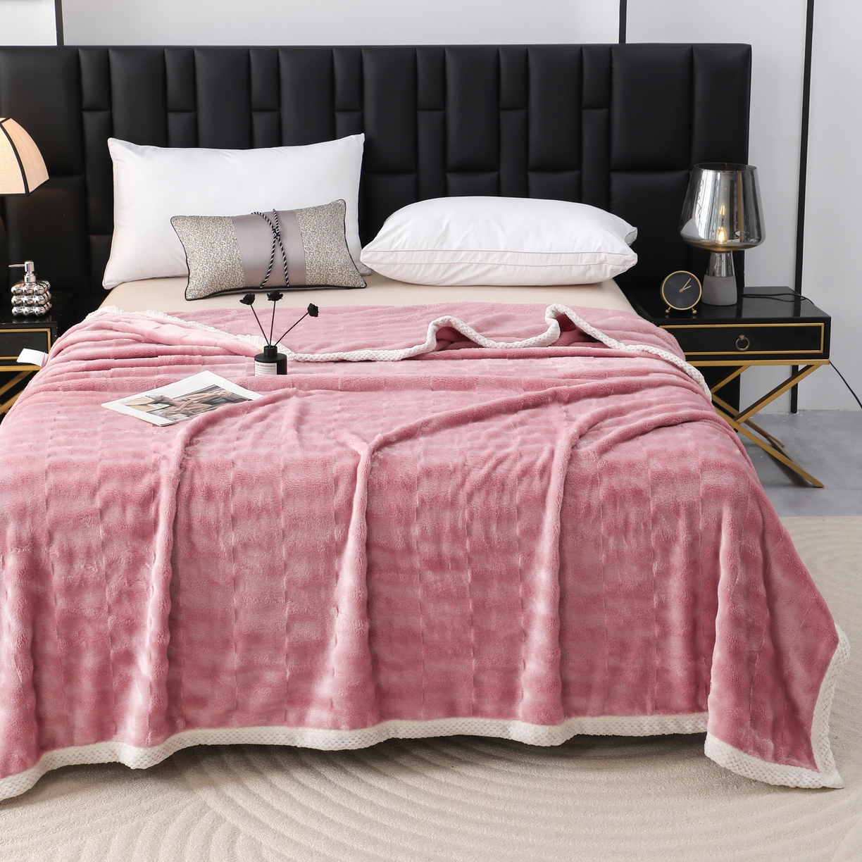 91家纺网 家纺一手货源 找家纺 梦洋家纺 2025新款双面兔毛绒毛毯 豆沙色