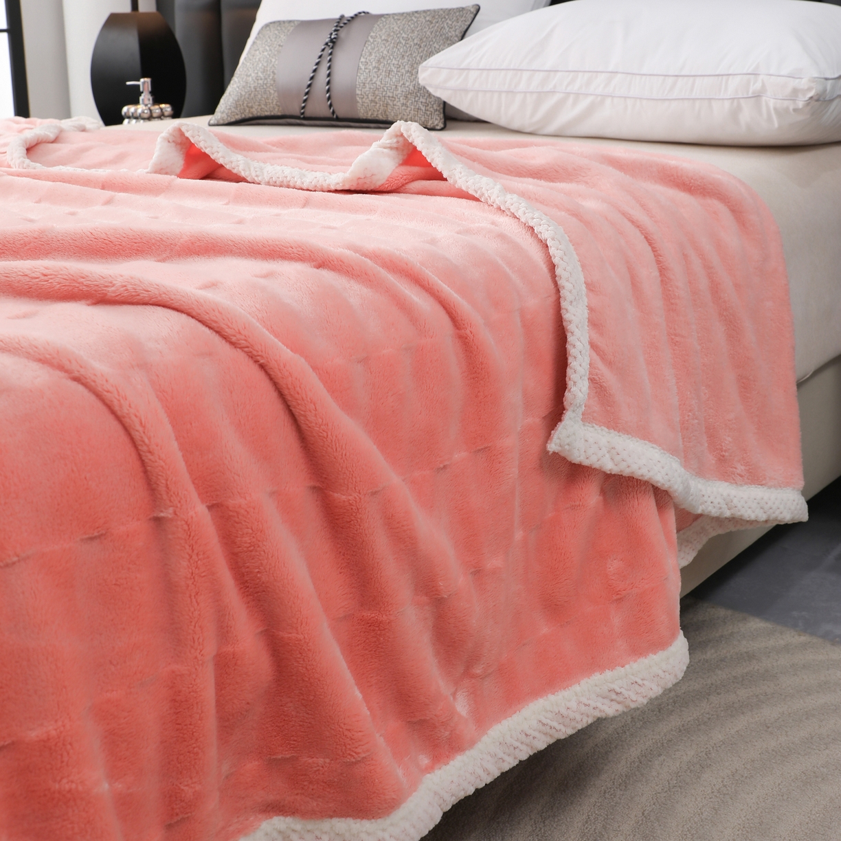 91家纺网 家纺一手货源 找家纺 梦洋家纺 2025新款双面兔毛绒毛毯 桔色