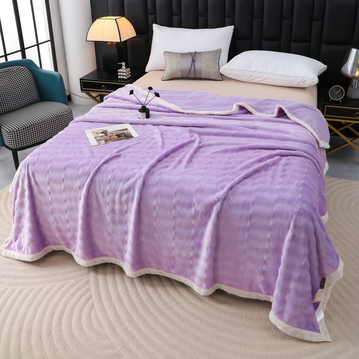 91家纺网 家纺一手货源 找家纺 梦洋家纺 2025新款双面兔毛绒毛毯 紫色