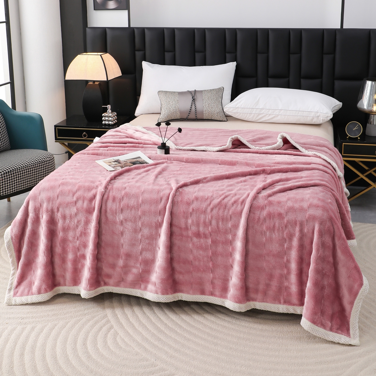 91家纺网 家纺一手货源 找家纺 梦洋家纺 2025新款双面兔毛绒毛毯 豆沙色