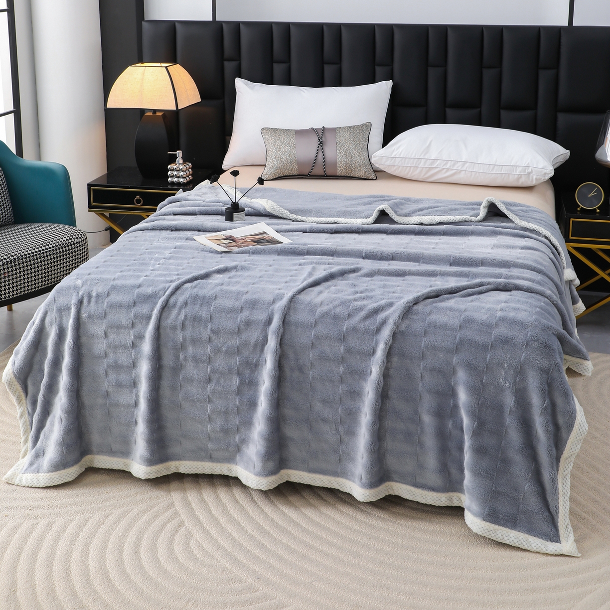 91家纺网 家纺一手货源 找家纺 梦洋家纺 2025新款双面兔毛绒毛毯 灰色