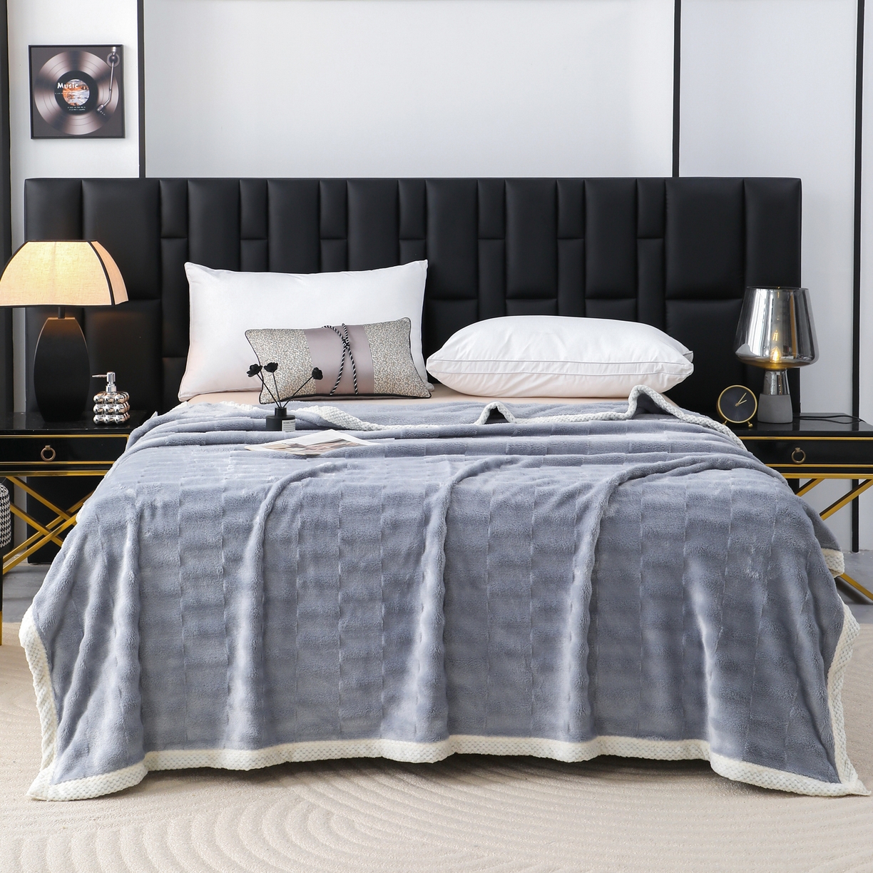 91家纺网 家纺一手货源 找家纺 梦洋家纺 2025新款双面兔毛绒毛毯 灰色