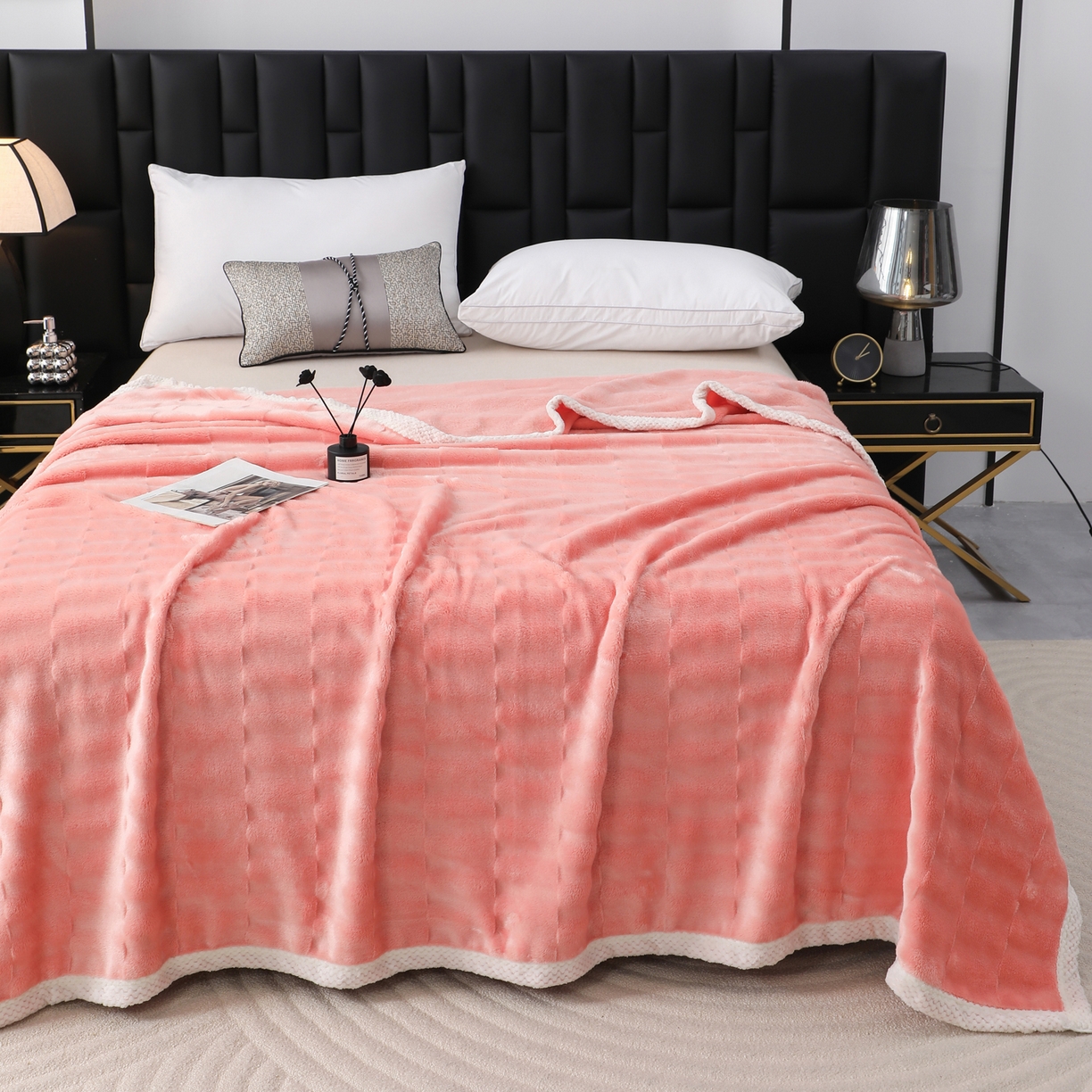 91家纺网 家纺一手货源 找家纺 梦洋家纺 2025新款双面兔毛绒毛毯 桔色