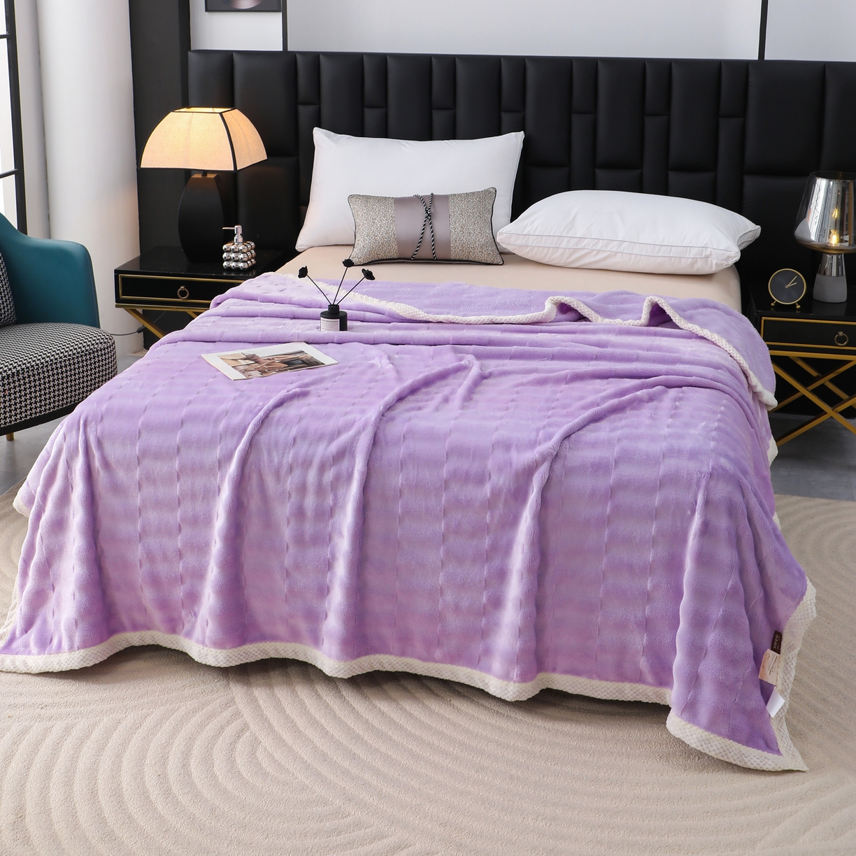 91家纺网 家纺一手货源 找家纺 梦洋家纺 2025新款双面兔毛绒毛毯 紫色