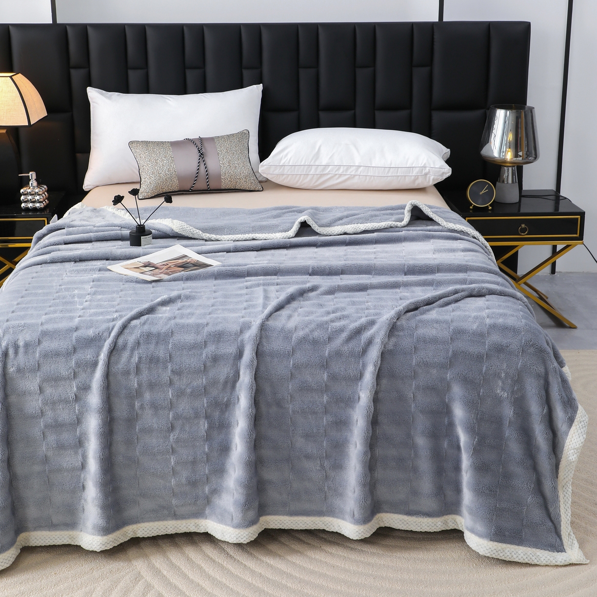 91家纺网 家纺一手货源 找家纺 梦洋家纺 2025新款双面兔毛绒毛毯 灰色