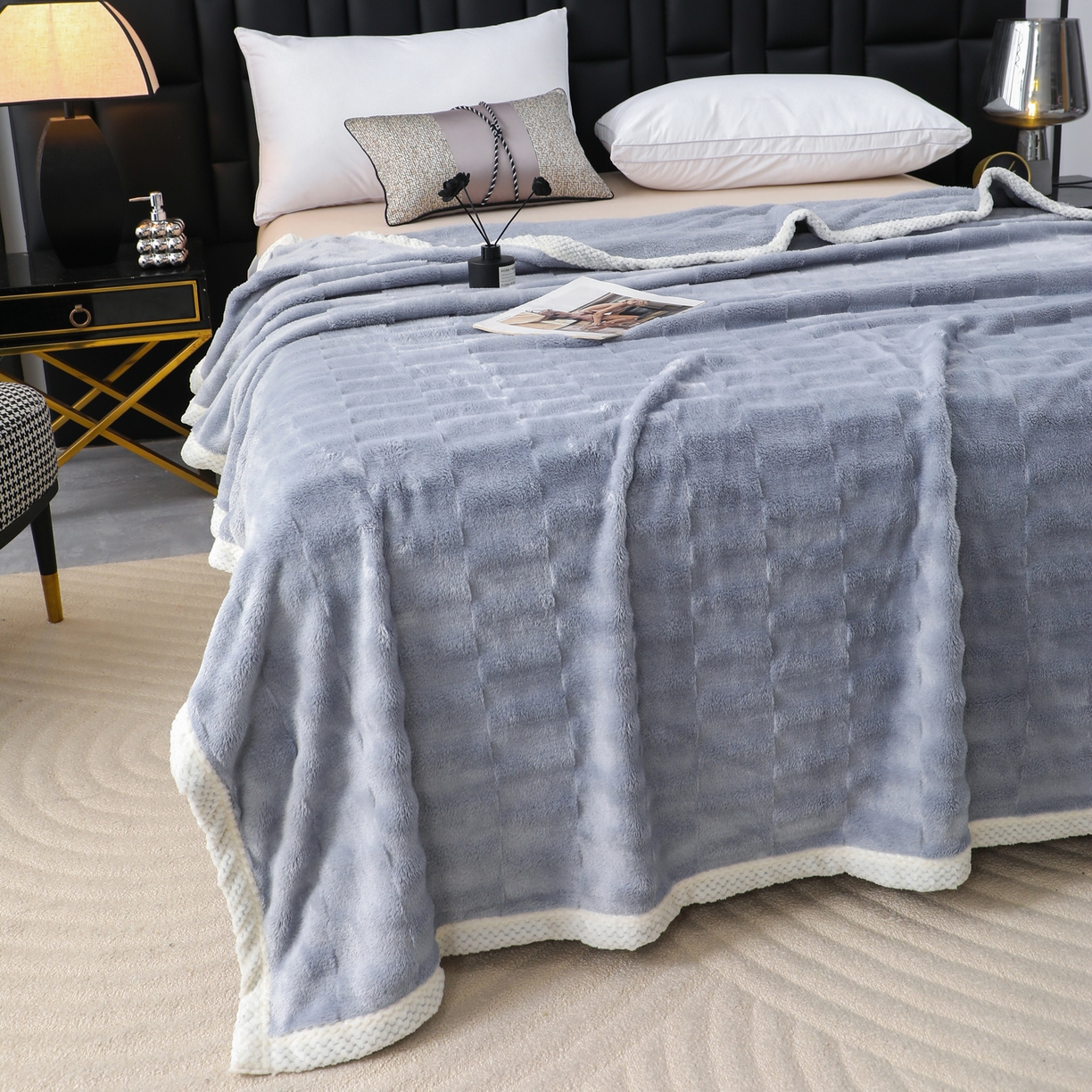 91家纺网 家纺一手货源 找家纺 梦洋家纺 2025新款双面兔毛绒毛毯 灰色