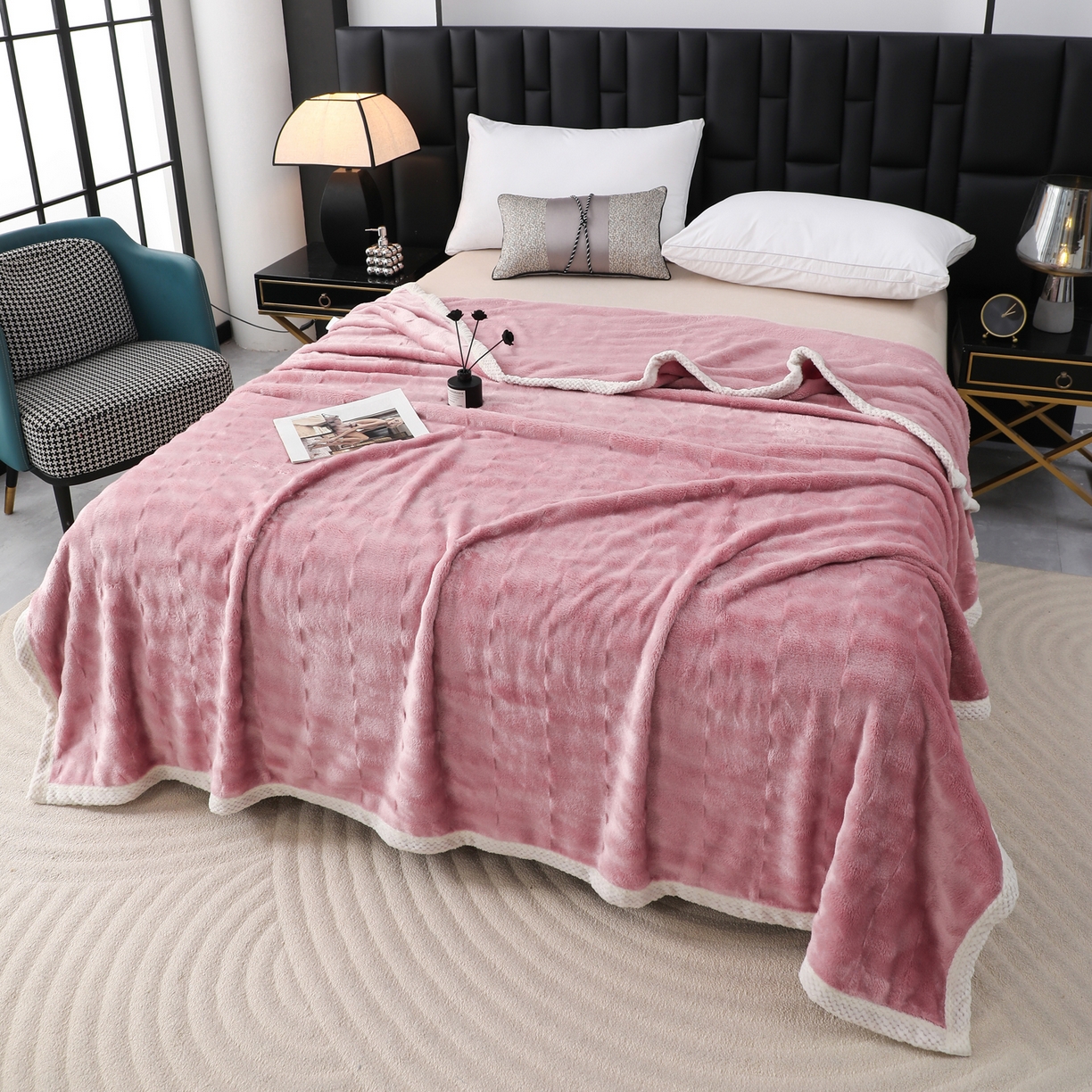 91家纺网 家纺一手货源 找家纺 梦洋家纺 2025新款双面兔毛绒毛毯 豆沙色