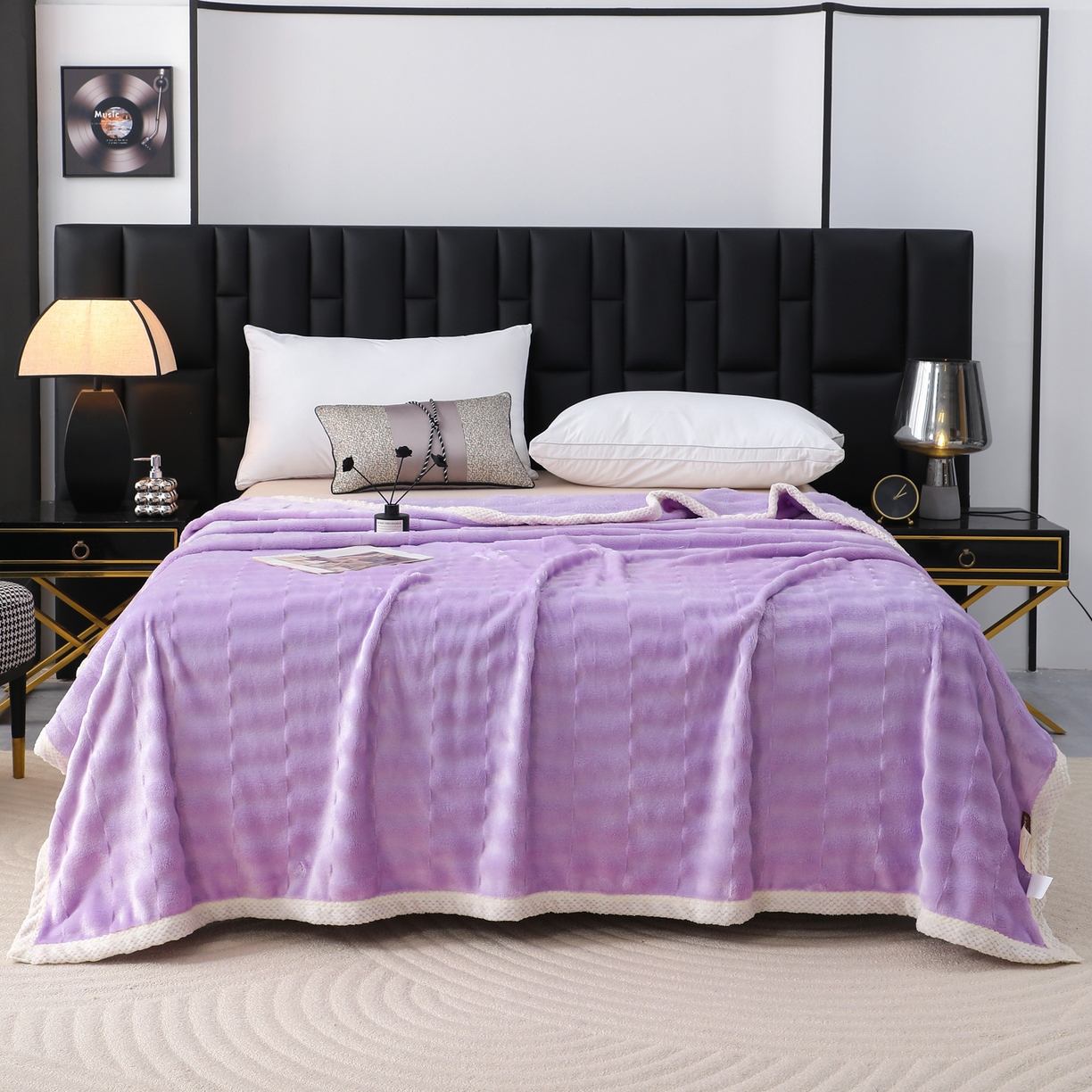 91家纺网 家纺一手货源 找家纺 梦洋家纺 2025新款双面兔毛绒毛毯 紫色