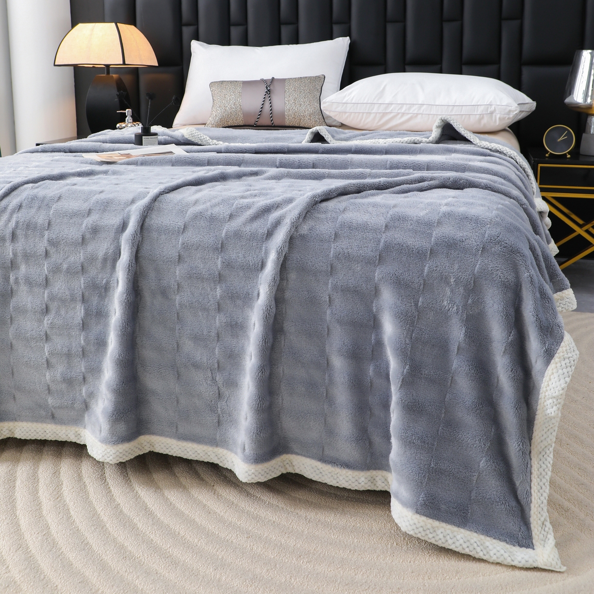 91家纺网 家纺一手货源 找家纺 梦洋家纺 2025新款双面兔毛绒毛毯 灰色