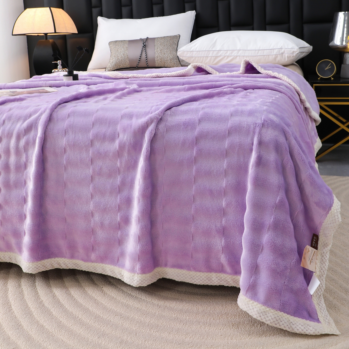 91家纺网 家纺一手货源 找家纺 梦洋家纺 2025新款双面兔毛绒毛毯 紫色