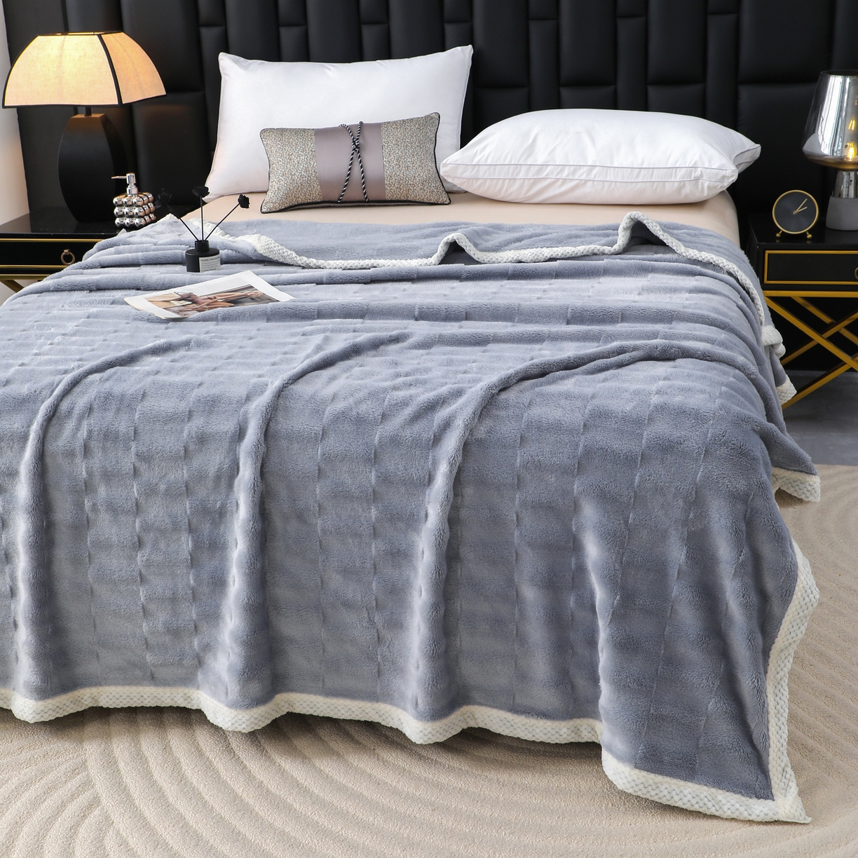 91家纺网 家纺一手货源 找家纺 梦洋家纺 2025新款双面兔毛绒毛毯 灰色