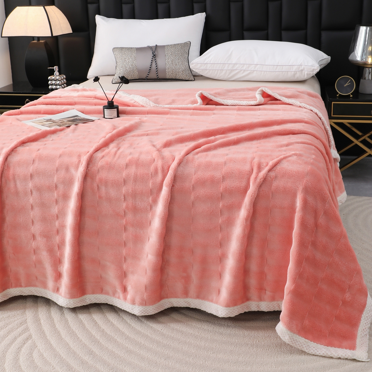 91家纺网 家纺一手货源 找家纺 梦洋家纺 2025新款双面兔毛绒毛毯 桔色