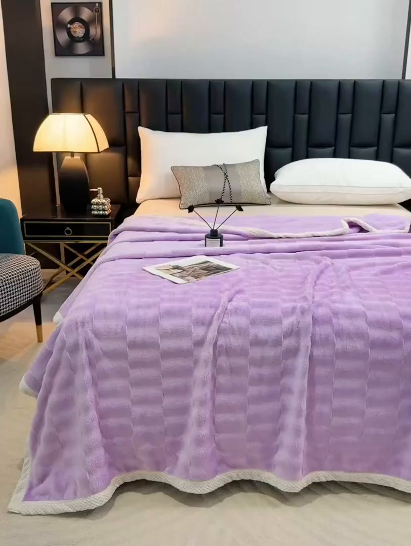 91家纺网 家纺一手货源 找家纺 梦洋家纺 2025新款双面兔毛绒毛毯 紫色