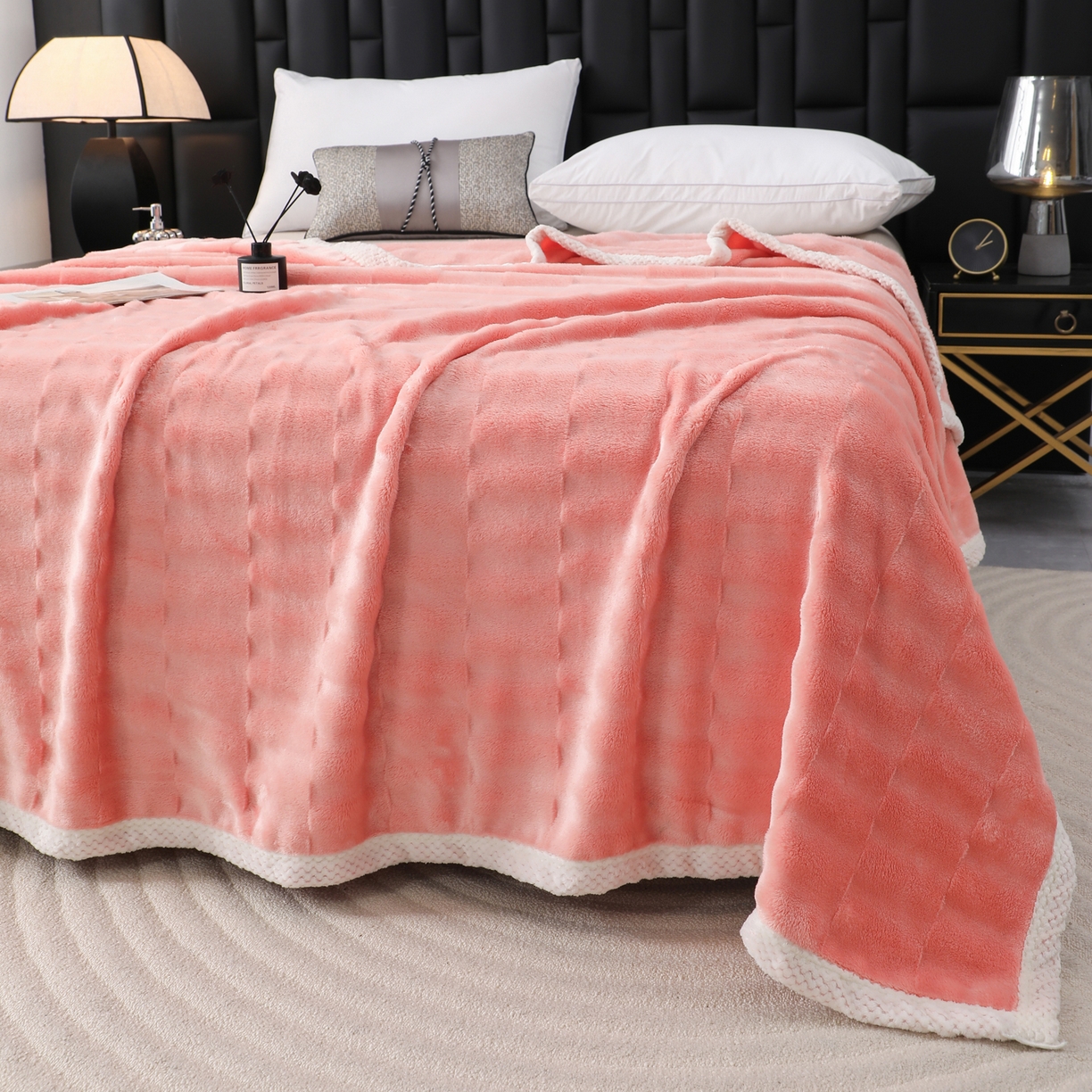 91家纺网 家纺一手货源 找家纺 梦洋家纺 2025新款双面兔毛绒毛毯 桔色