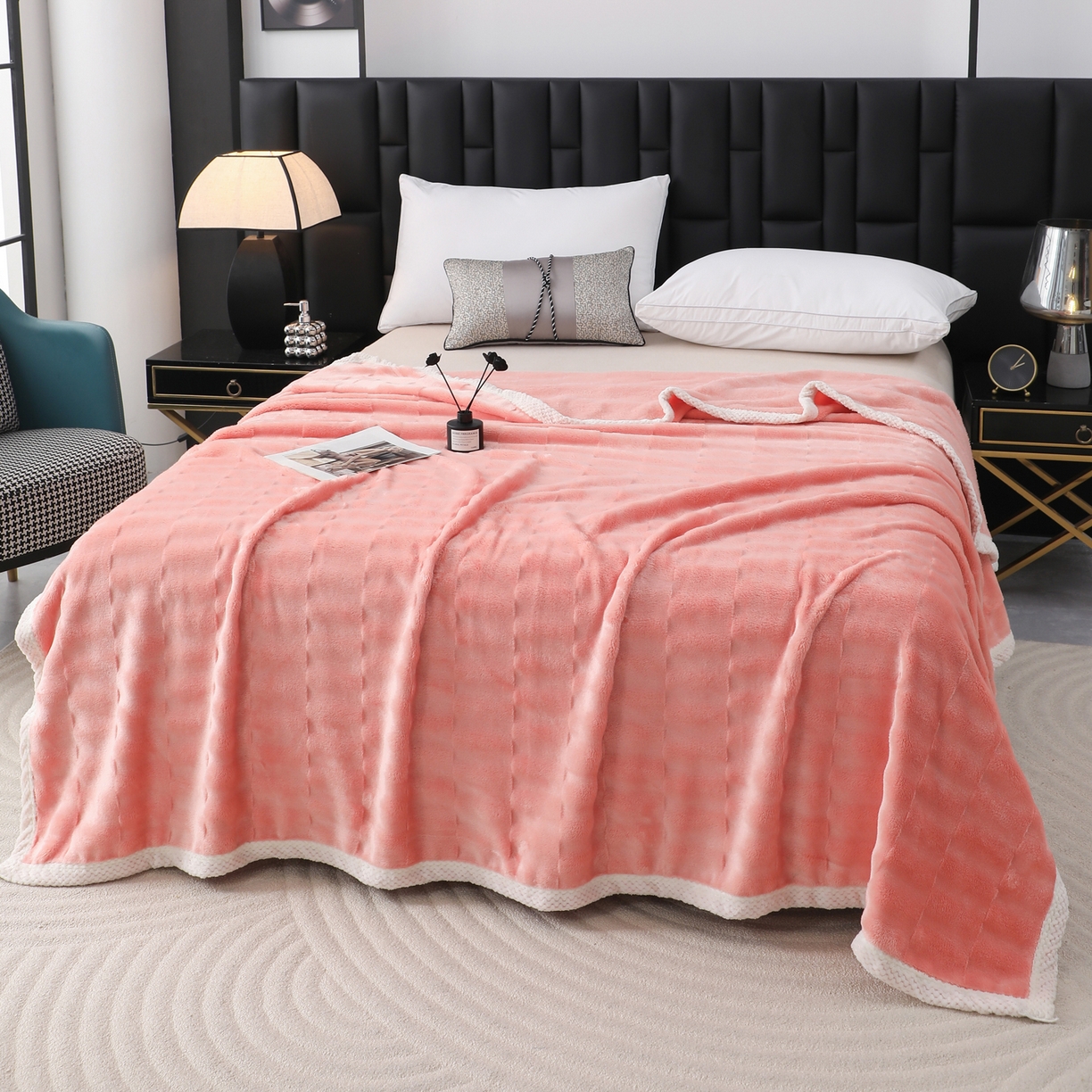 91家纺网 家纺一手货源 找家纺 梦洋家纺 2025新款双面兔毛绒毛毯 桔色