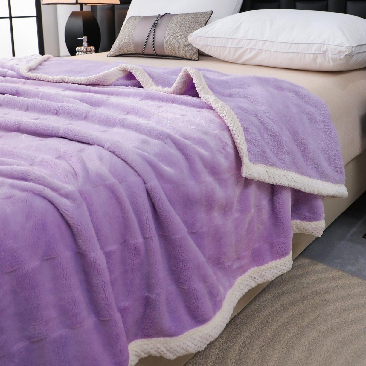 91家纺网 家纺一手货源 找家纺 梦洋家纺 2025新款双面兔毛绒毛毯 紫色
