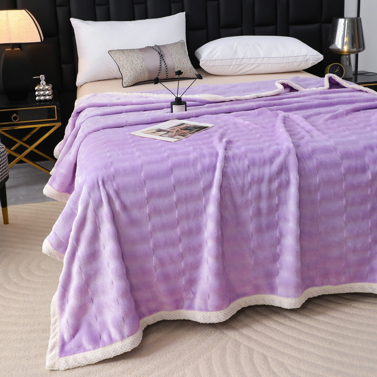 91家纺网 家纺一手货源 找家纺 梦洋家纺 2025新款双面兔毛绒毛毯 紫色