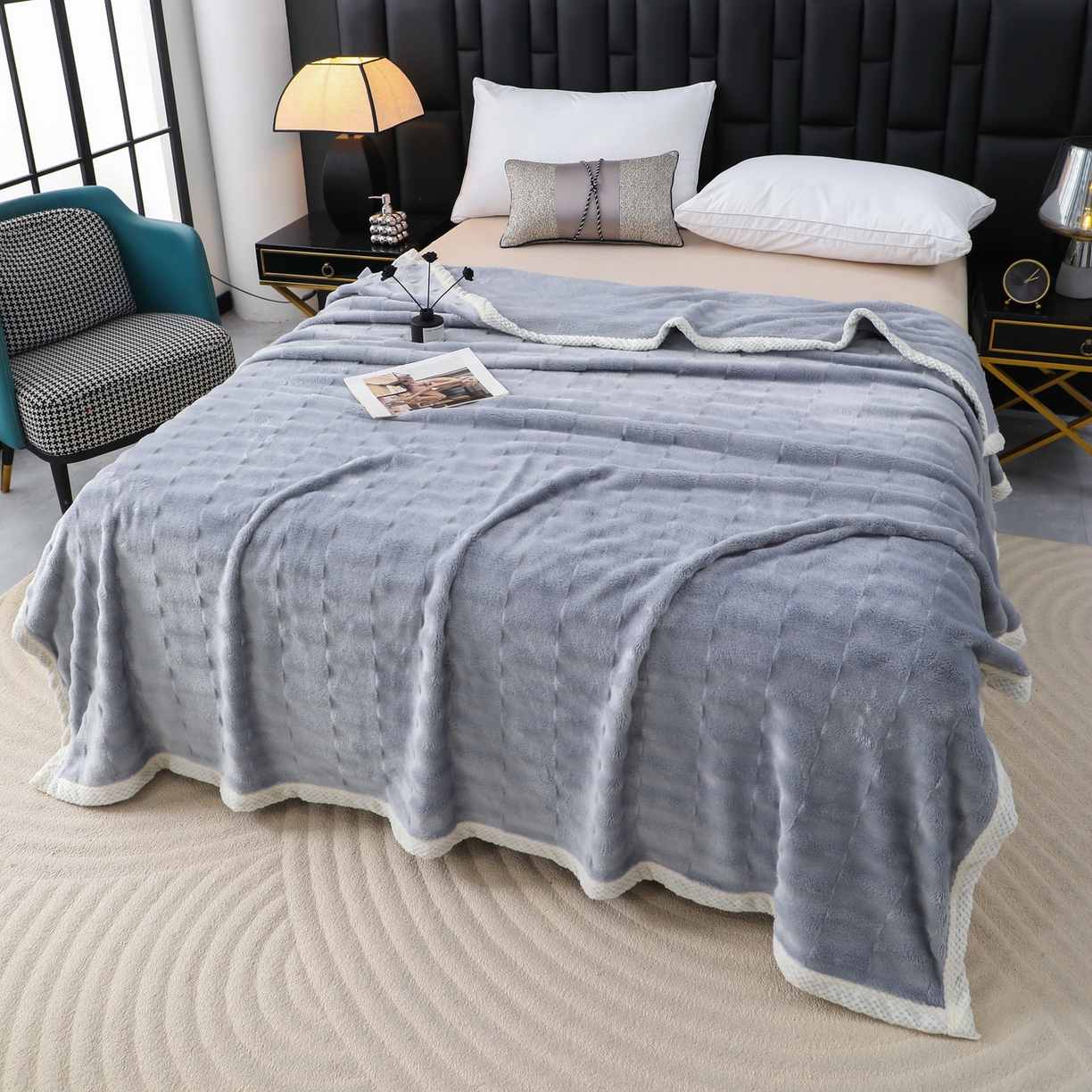 91家纺网 家纺一手货源 找家纺 梦洋家纺 2025新款双面兔毛绒毛毯 灰色