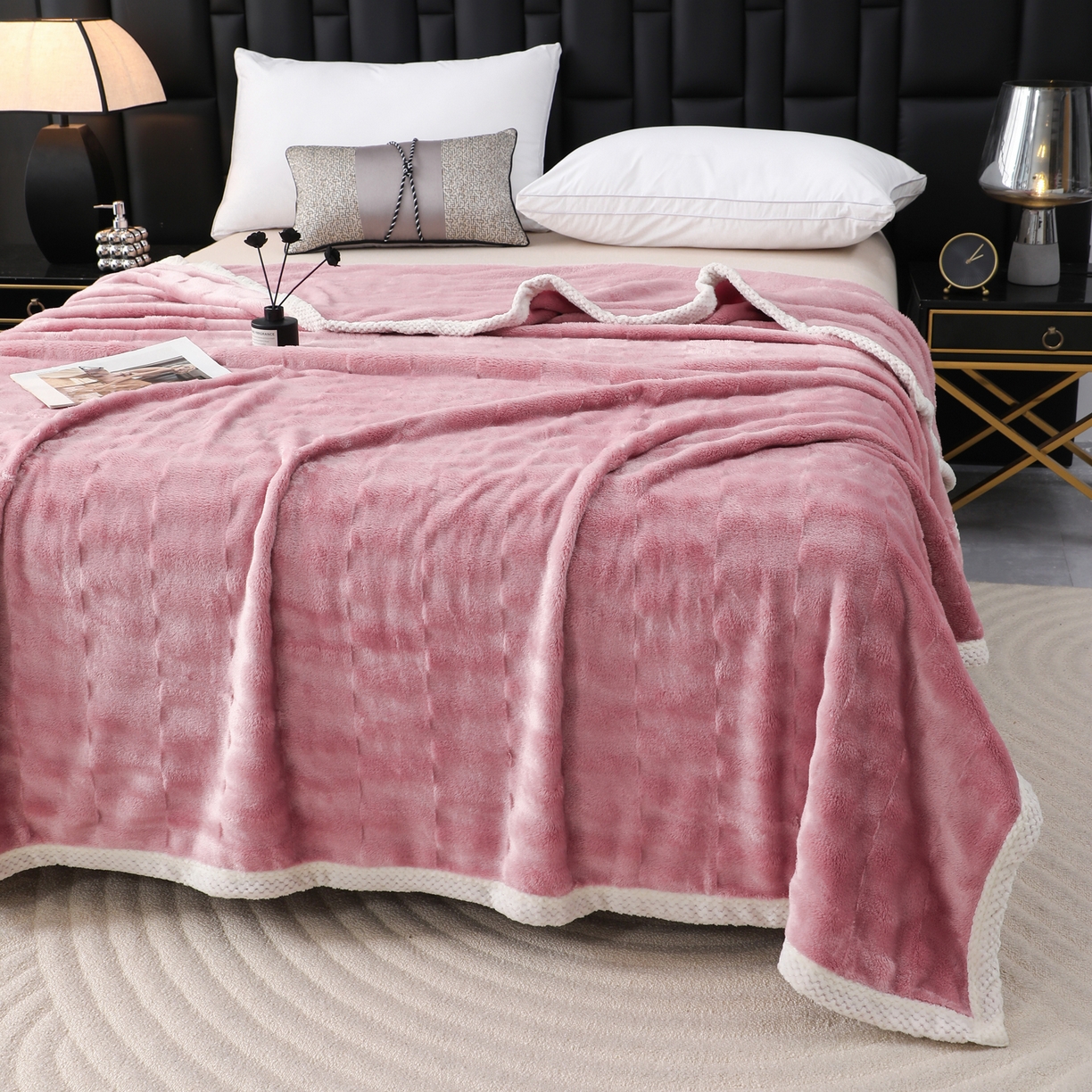 91家纺网 家纺一手货源 找家纺 梦洋家纺 2025新款双面兔毛绒毛毯 豆沙色