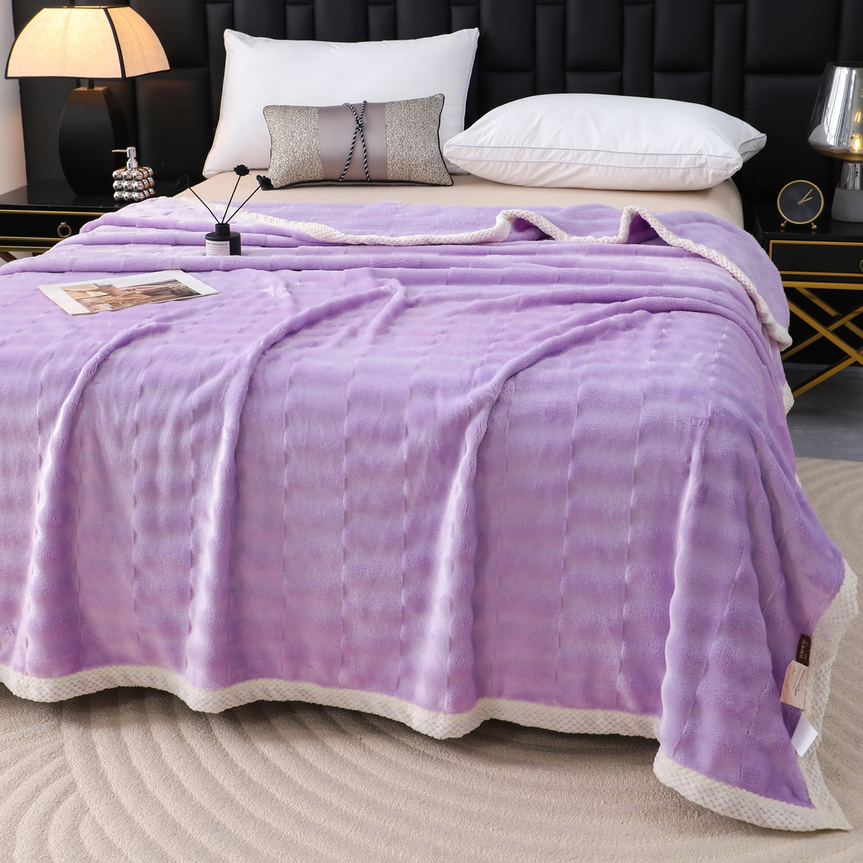 91家纺网 家纺一手货源 找家纺 梦洋家纺 2025新款双面兔毛绒毛毯 紫色