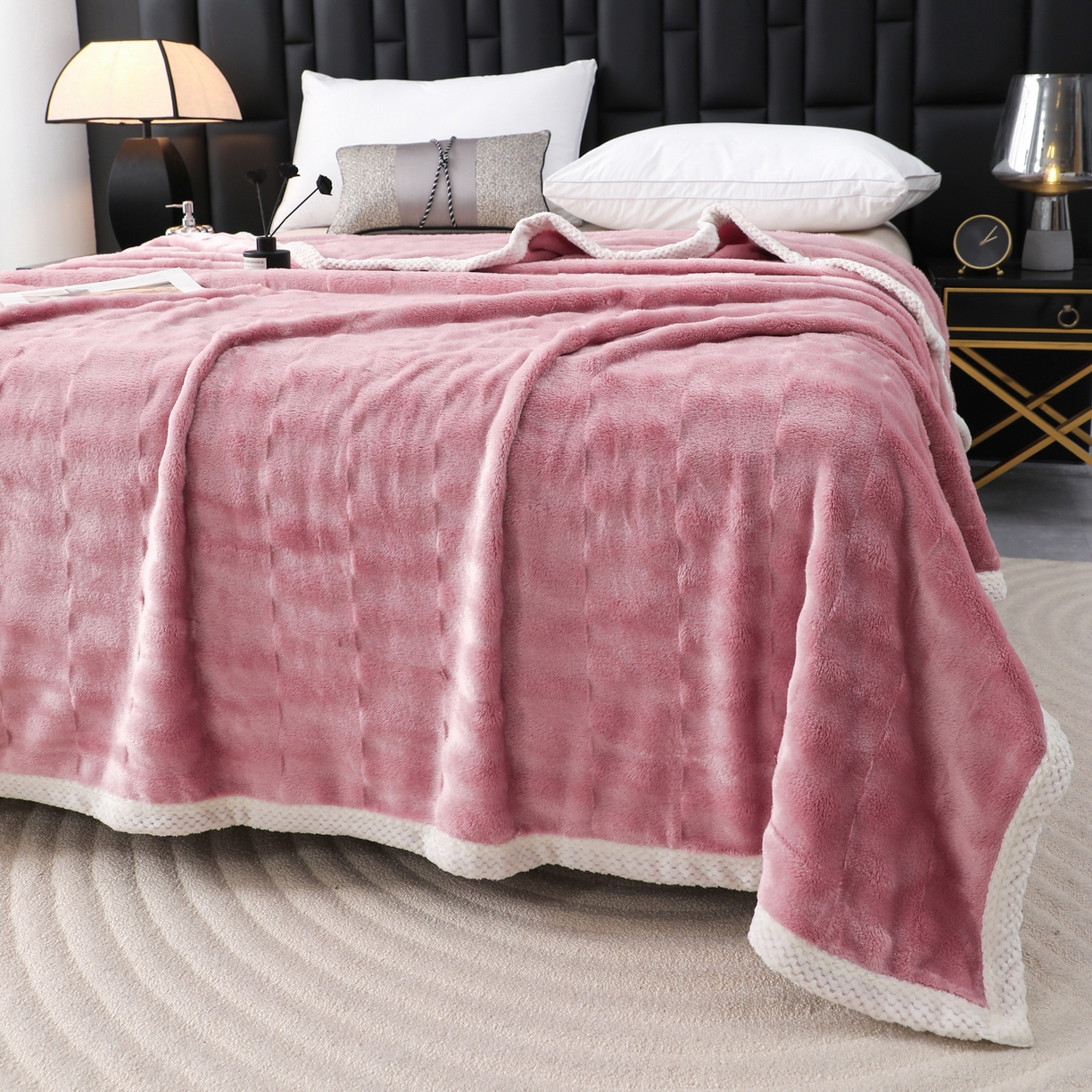 91家纺网 家纺一手货源 找家纺 梦洋家纺 2025新款双面兔毛绒毛毯 豆沙色